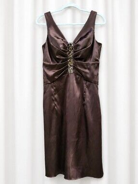 Spiegel Chocolate Brown Satin Midi Dress with Jewel Accents